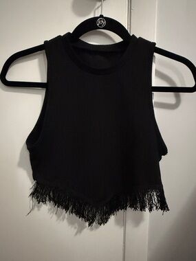 Black Fringe Hem Sleeveless Crop Top